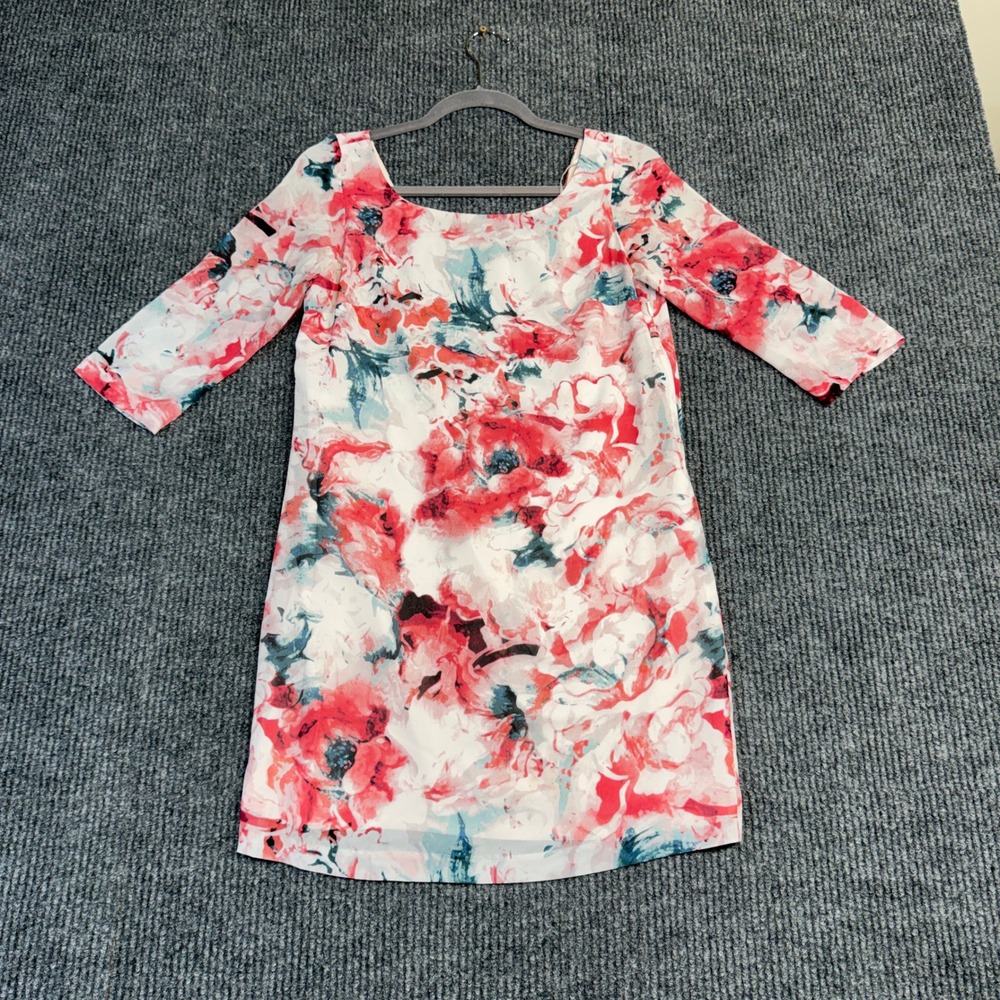 Guess LA Women Red White Floral Watercolor Shift Dress Size 2 3/4 Sleeve